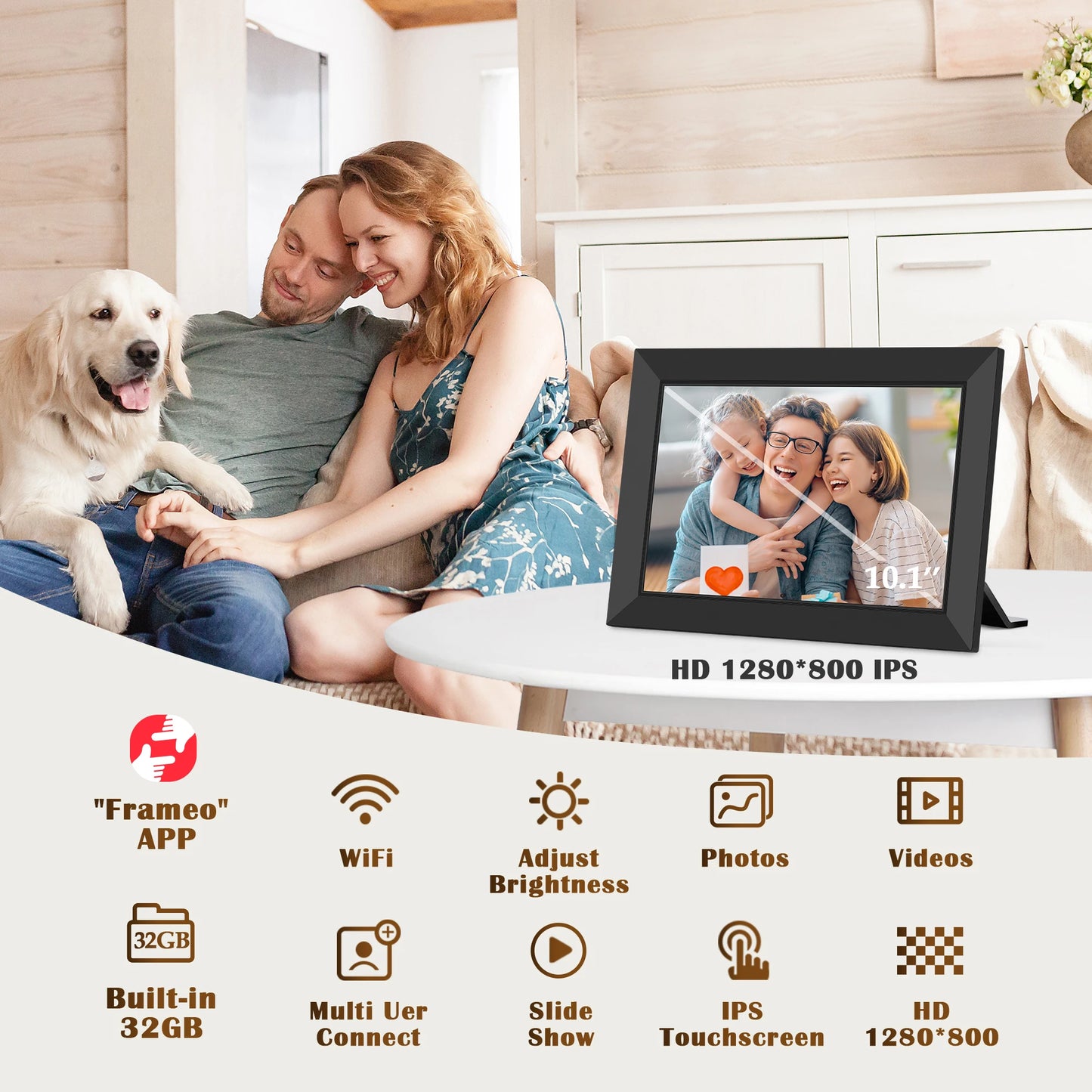 Cadre Photo Numérique Wi-Fi 10,1″ – Écran IPS | Partage à Distance via App, 16–32 Go, Portrait/Paysage